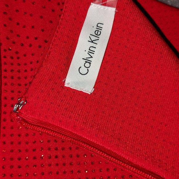 Calvin Klein red sequin scoop neck split bell sleeve red belted dress - Picture 14 of 16